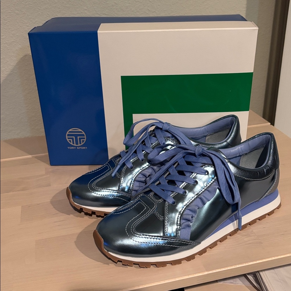 NIB Tory Burch Sport size 8.5 Ruffle Trainer in color Ace Blue